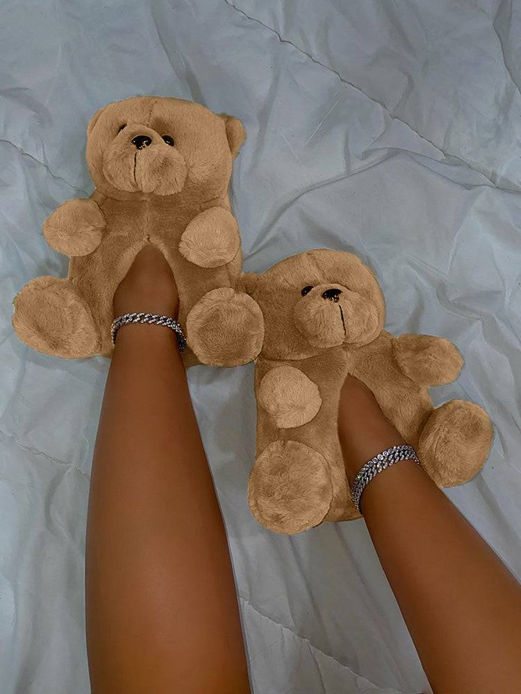 Fluffy Teddy Bear Slippers Brown