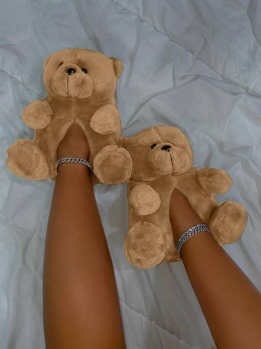 Fluffy Teddy Bear Slippers Brown
