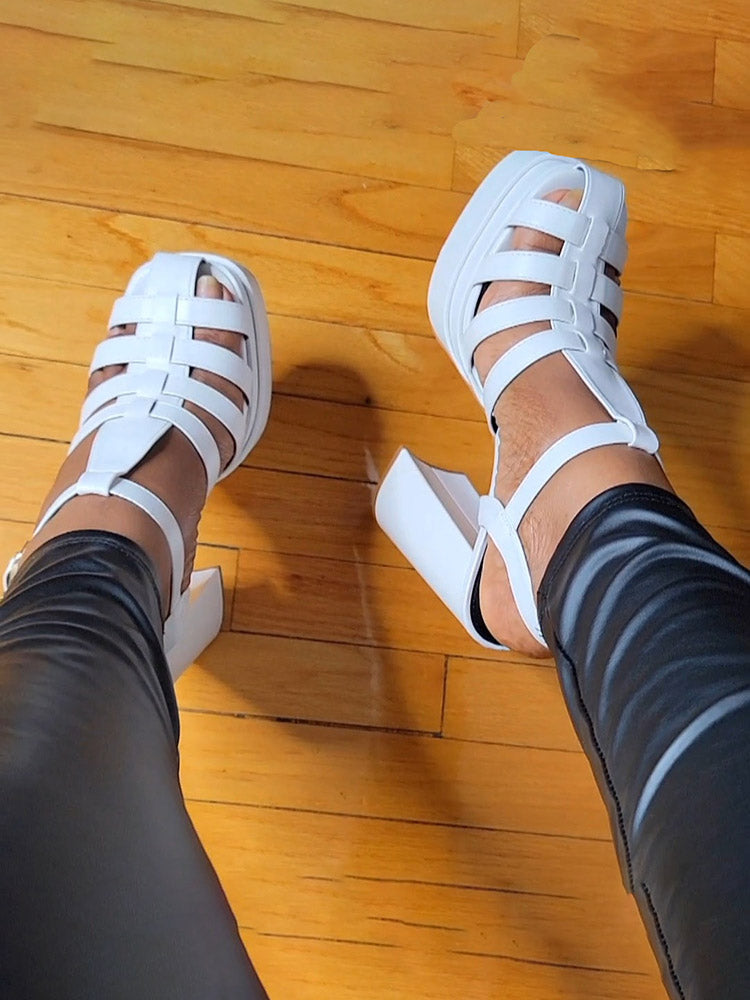 Braid Platform Chunky Heel Sandals White / 8.5