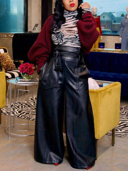 High Waist Wide Leg PU Leather Pants Black / L