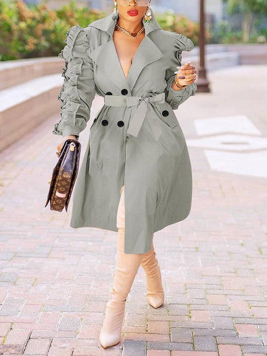 Solid Flounce Turndown Collar Coat Gray Green / M