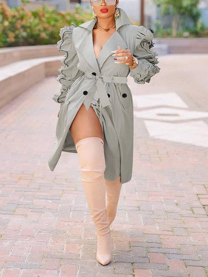 Solid Flounce Turndown Collar Coat Gray Green / L