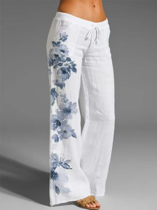 Casual printed lace loose wide-leg pants White / 2XL