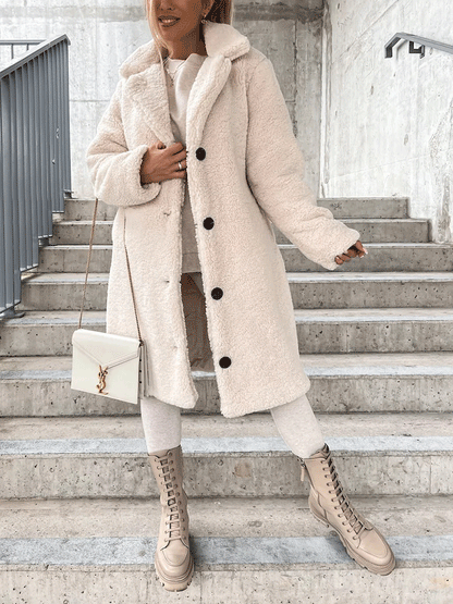 Solid Lapel Teddy Fur Long Coat Apricot / M