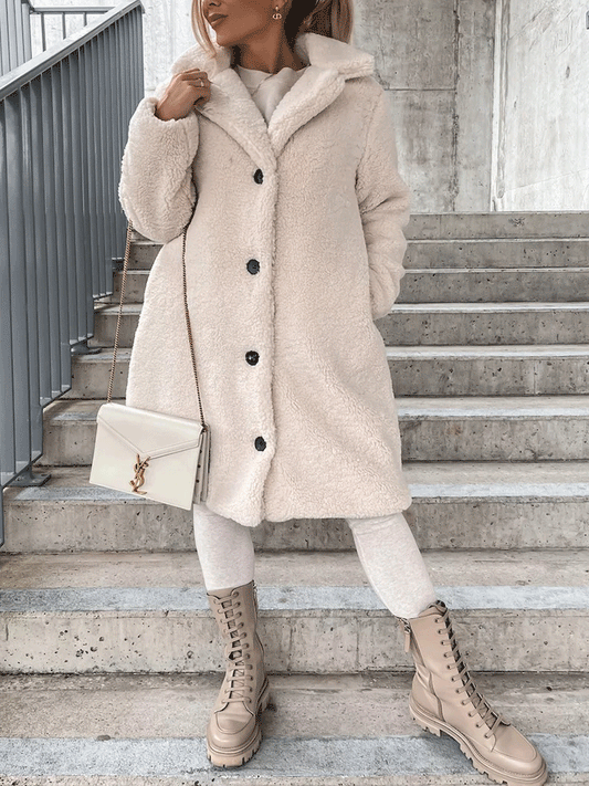 Solid Lapel Teddy Fur Long Coat Apricot / S