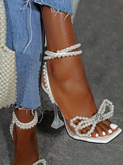 Pearl Bow High Heel Sandals White / 6