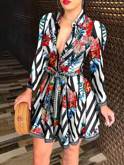 Printed V Neck Belt Dress Floral / XL