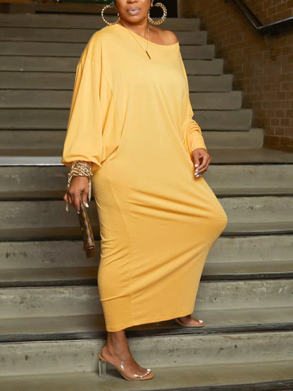 Batwing Sleeve Solid Maxi Dress Yellow / L