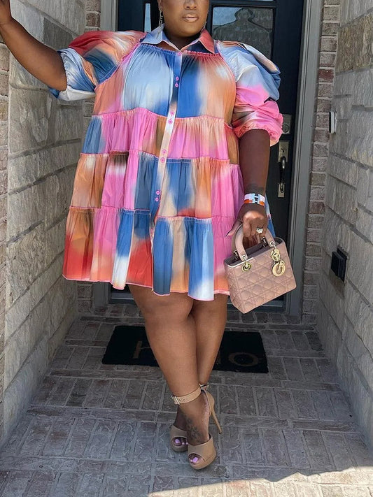 Tie Dye Ruffled Shirt Dress Rose / XL