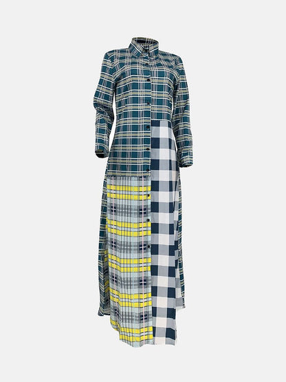 Plaid Turndown Collar Dresses Coat Yellow / L