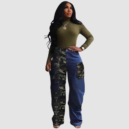 Camouflage Patchwork Denim Wide Leg Cargo Pants Blue / M