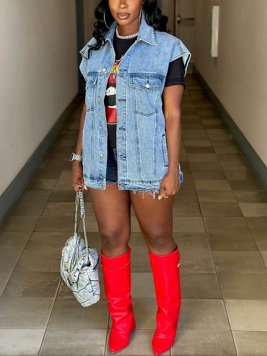 Button Denim Vest Light Blue / S