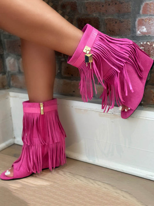 Fringe Open Toe Suede Boots Pink / 5/5.5