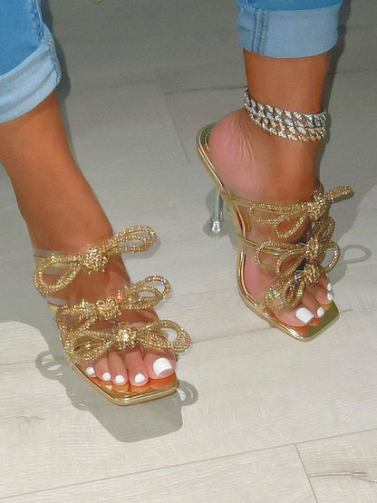 Bow Rhinestone Heels Gold / 9/9.5