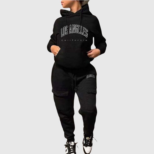 Letter Printed Hoodies & Cargo Pant Set Black / S
