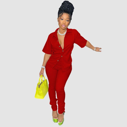 Casual Solid Color Shirt Set Red / M