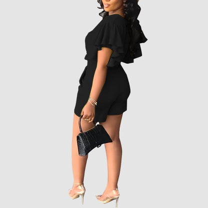 Ruffled V-neck Crop Top & Short Pants Set Black / M