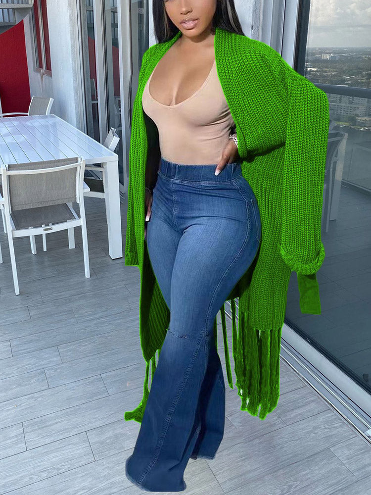Knit Tassels With Belt Cardigan Green / XL
