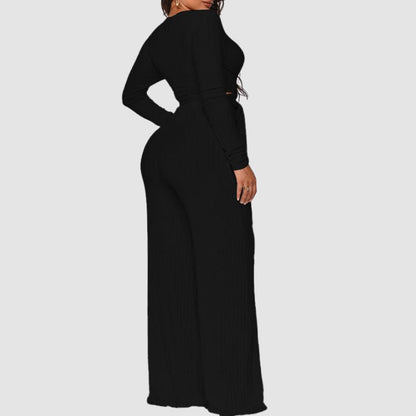 Ribbed Knit Tie-up Top & Wide Leg Pant Set Black / M