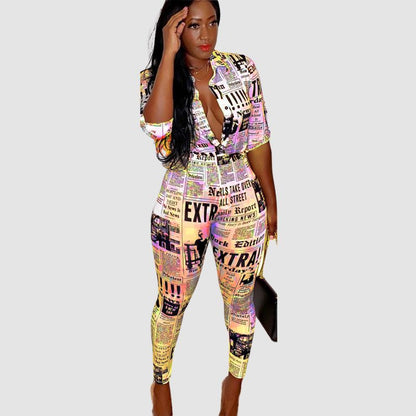 Newspaper Pattern Printed Shirt Pant Set White / M