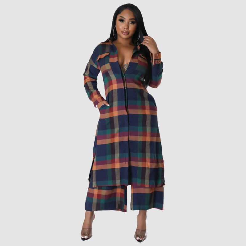 Plaid Shirts Wide Leg Pant Set Blue / M
