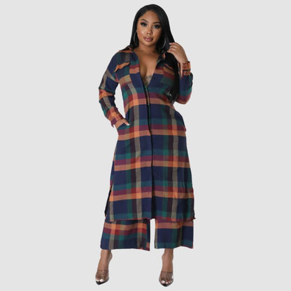 Plaid Shirts Wide Leg Pant Set Blue / M