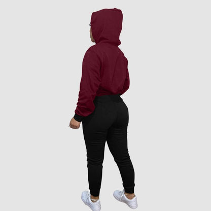 Patchwork Hoodies & Solid Color Pant Set Wine / M