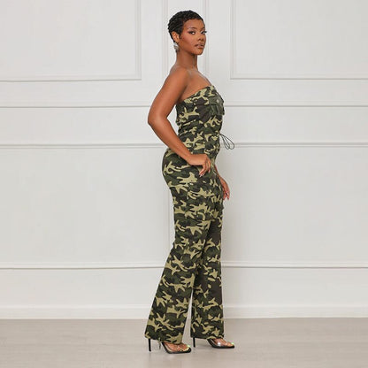 Drawstring Waist Camouflage Jumpsuits Green / M