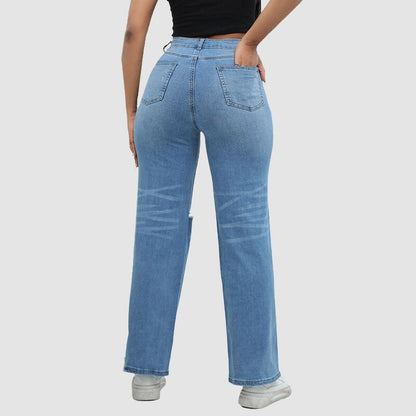 High Waist Ripped Wide Leg Jeans Dark Blue / S