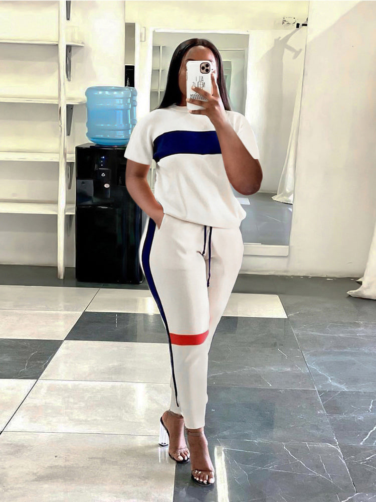Stitching Striped Casual Style Set White / XL