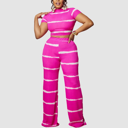 Stripe Printed Ribbed Knit Wide Leg Set Rose / M