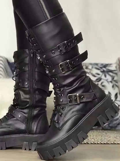 Eyelet Buckled Zipper Platform Boots Black / 5/5.5