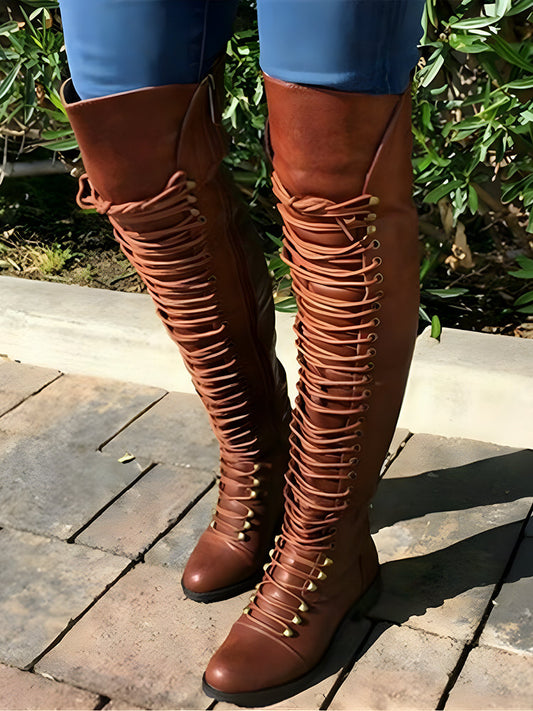 Lace Up Leather Over The Knee Boots Brown / 5/5.5