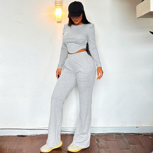 Fishbone Crop Top & Pants Set Grey / S