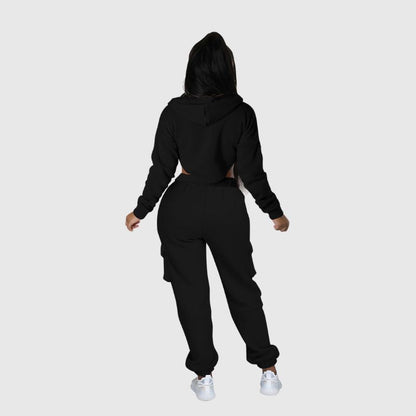 Irregular Zipper Top & Cargo Pant Set Black / M