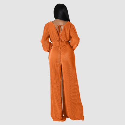 Pleated Long Sleeve Jumpsuits Black / XL