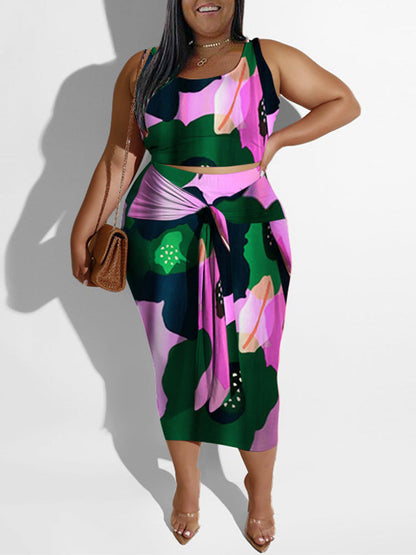 Printed Tie Up Skirt Set Black / 3XL