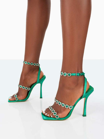 Diamante Square Toe Heels Green / 6