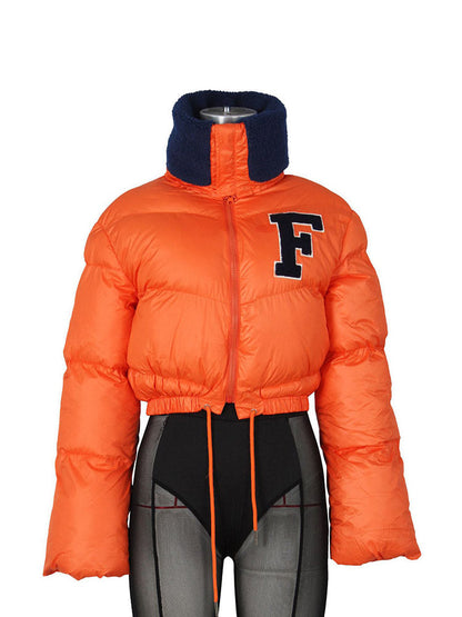 Letter Embroidery Puffer Jacket Orange Blue(Glossy) / M
