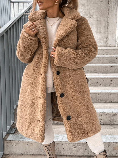 Solid Lapel Teddy Fur Long Coat Khaki / S