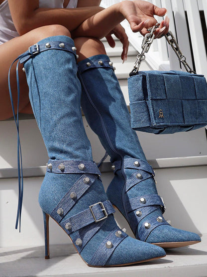 Studded Buckled Strap Leather Boots White / 7.5/8