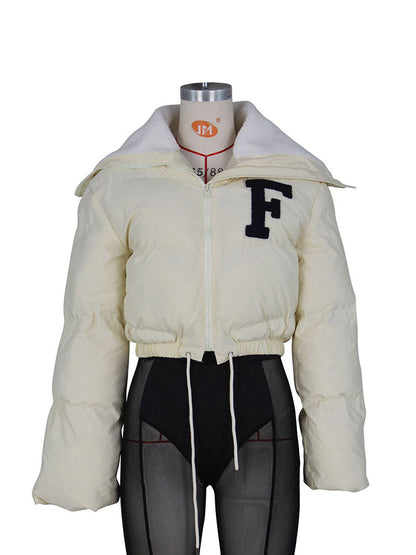 Letter Embroidery Puffer Jacket Beige / XL