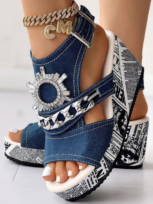 Denim Wedge Sandals Blue / 5/5.5