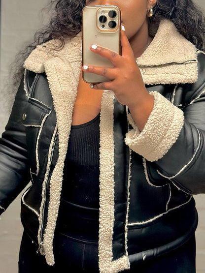 Leather Shearling Crop Jacket Beige / M