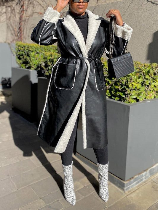 Faux Leather Shearling Lined Coat Black / S