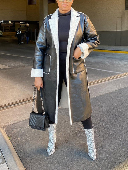 Faux Leather Shearling Lined Coat Beige / M