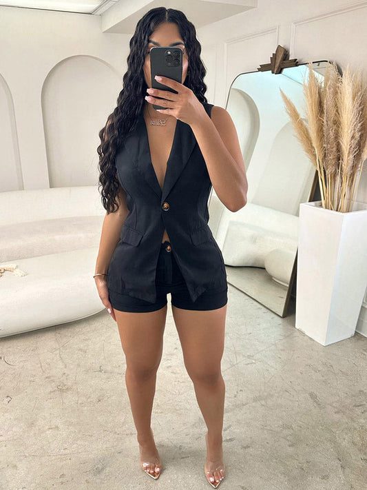 Sleeveless Blazer Shorts Set Black / S