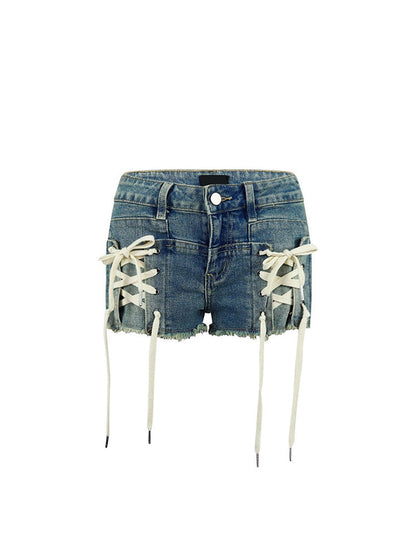 Lace Up Denim Shorts Blue / XL