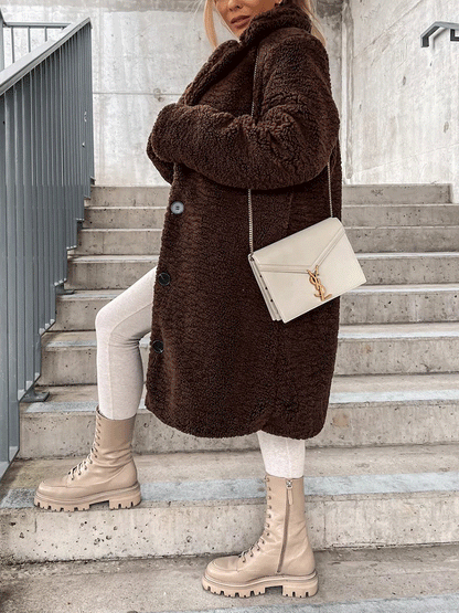 Solid Lapel Teddy Fur Long Coat Khaki / 5XL