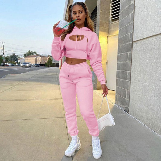 Hollow Out Hoodies & Drawstring Waist Pant Set Pink / S